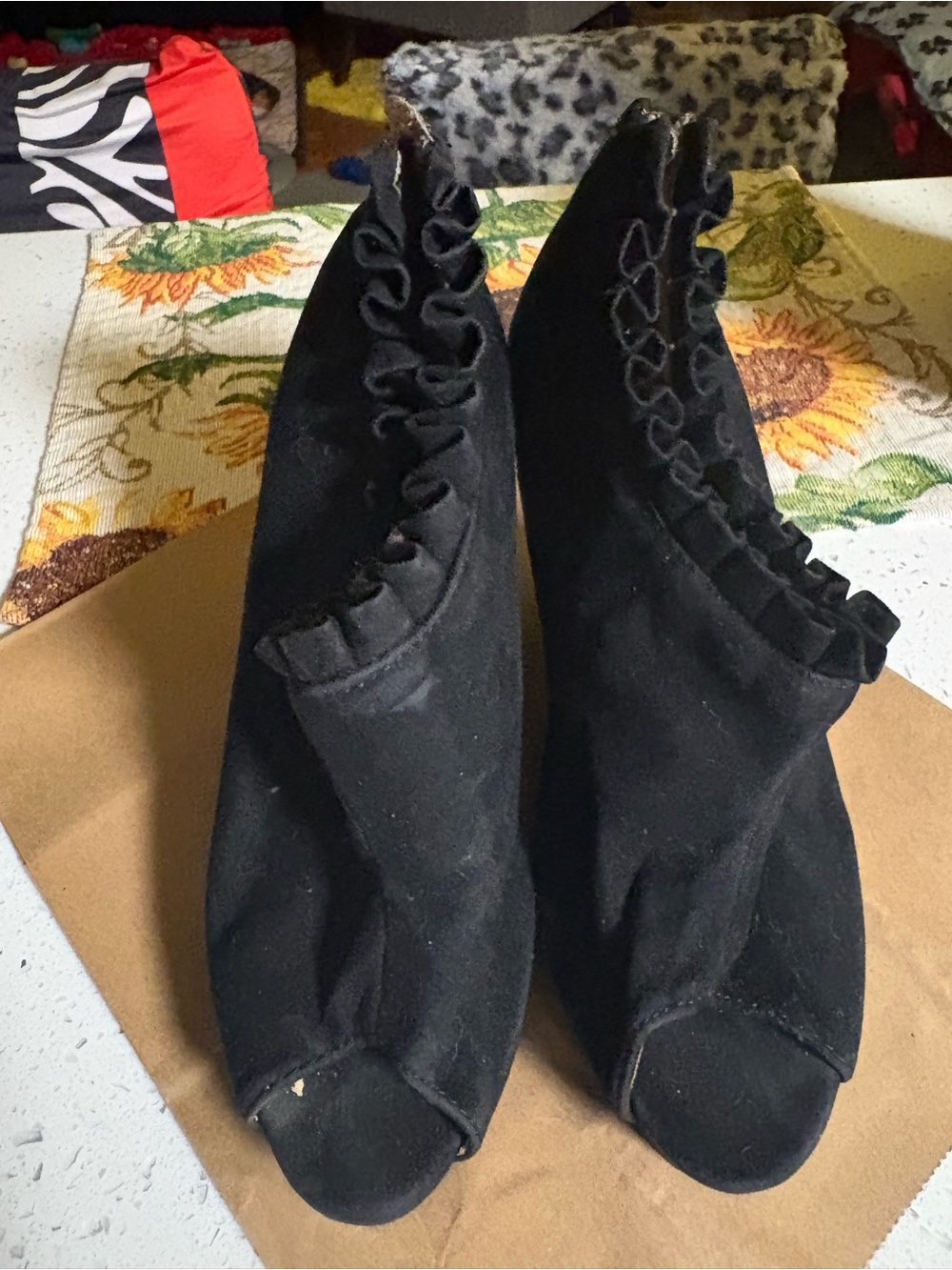Black Ruffle Open-Toe Women’s Booties